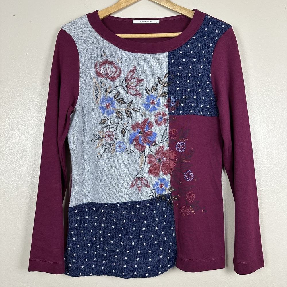 Kalisson Women's XL Long Sleeve‎ Patchwork Top 60s 70s NEW